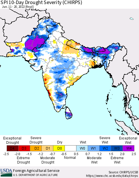 Southern Asia SPI 10-Day Drought Severity (CHIRPS) Thematic Map For 6/11/2022 - 6/20/2022