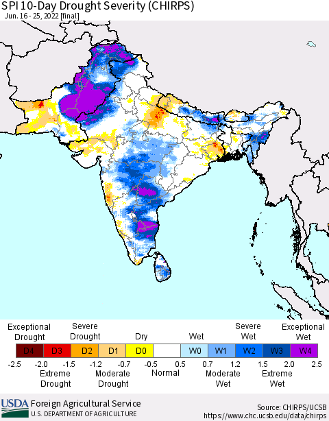 Southern Asia SPI 10-Day Drought Severity (CHIRPS) Thematic Map For 6/16/2022 - 6/25/2022