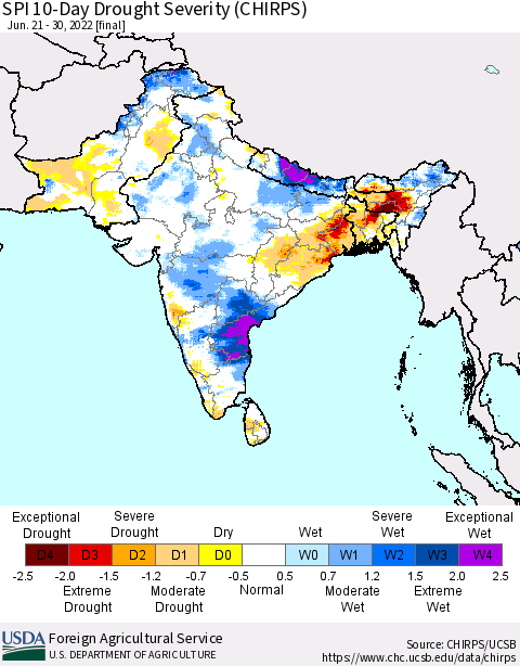 Southern Asia SPI 10-Day Drought Severity (CHIRPS) Thematic Map For 6/21/2022 - 6/30/2022
