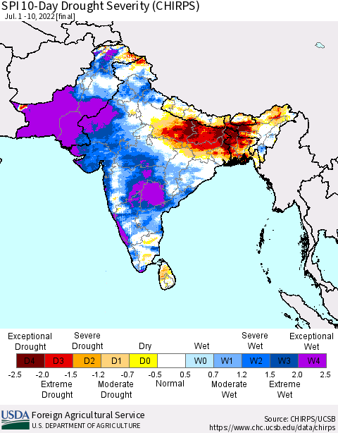 Southern Asia SPI 10-Day Drought Severity (CHIRPS) Thematic Map For 7/1/2022 - 7/10/2022