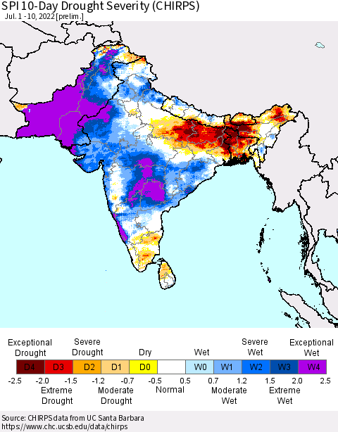 Southern Asia SPI 10-Day Drought Severity (CHIRPS) Thematic Map For 7/1/2022 - 7/10/2022
