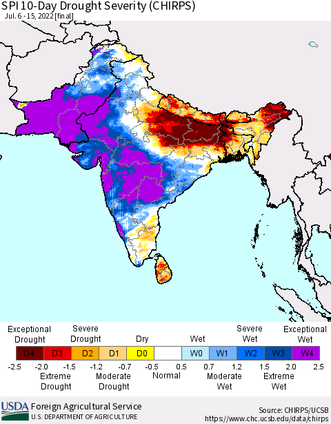 Southern Asia SPI 10-Day Drought Severity (CHIRPS) Thematic Map For 7/6/2022 - 7/15/2022