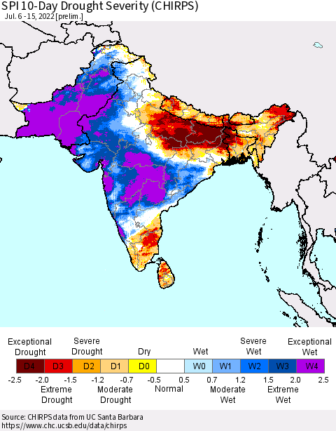 Southern Asia SPI 10-Day Drought Severity (CHIRPS) Thematic Map For 7/6/2022 - 7/15/2022