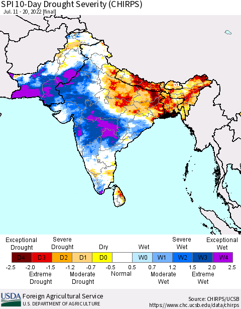 Southern Asia SPI 10-Day Drought Severity (CHIRPS) Thematic Map For 7/11/2022 - 7/20/2022