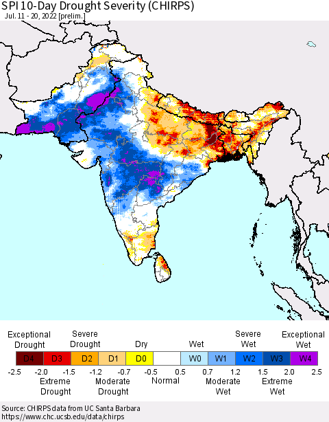 Southern Asia SPI 10-Day Drought Severity (CHIRPS) Thematic Map For 7/11/2022 - 7/20/2022