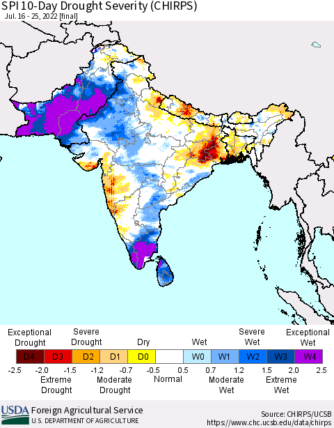 Southern Asia SPI 10-Day Drought Severity (CHIRPS) Thematic Map For 7/16/2022 - 7/25/2022