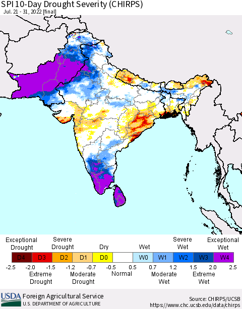 Southern Asia SPI 10-Day Drought Severity (CHIRPS) Thematic Map For 7/21/2022 - 7/31/2022