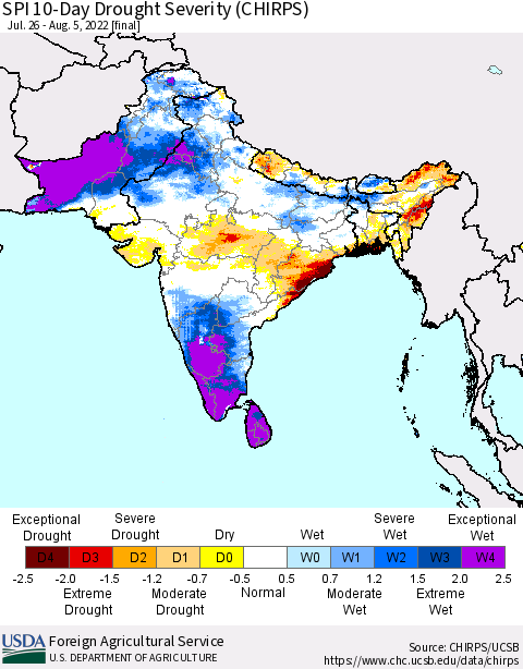 Southern Asia SPI 10-Day Drought Severity (CHIRPS) Thematic Map For 7/26/2022 - 8/5/2022