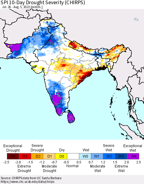 Southern Asia SPI 10-Day Drought Severity (CHIRPS) Thematic Map For 7/26/2022 - 8/5/2022