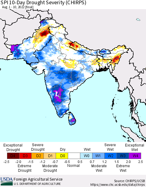 Southern Asia SPI 10-Day Drought Severity (CHIRPS) Thematic Map For 8/1/2022 - 8/10/2022