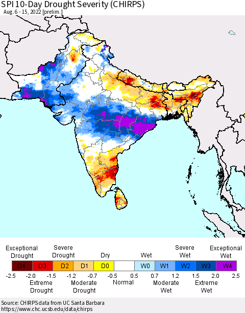 Southern Asia SPI 10-Day Drought Severity (CHIRPS) Thematic Map For 8/6/2022 - 8/15/2022