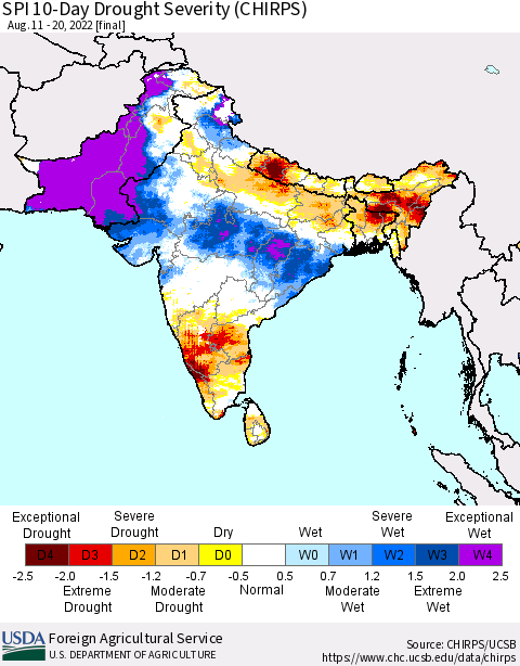 Southern Asia SPI 10-Day Drought Severity (CHIRPS) Thematic Map For 8/11/2022 - 8/20/2022