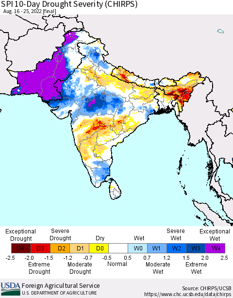 Southern Asia SPI 10-Day Drought Severity (CHIRPS) Thematic Map For 8/16/2022 - 8/25/2022