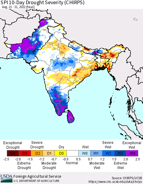 Southern Asia SPI 10-Day Drought Severity (CHIRPS) Thematic Map For 8/21/2022 - 8/31/2022