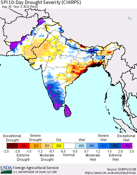 Southern Asia SPI 10-Day Drought Severity (CHIRPS) Thematic Map For 8/26/2022 - 9/5/2022