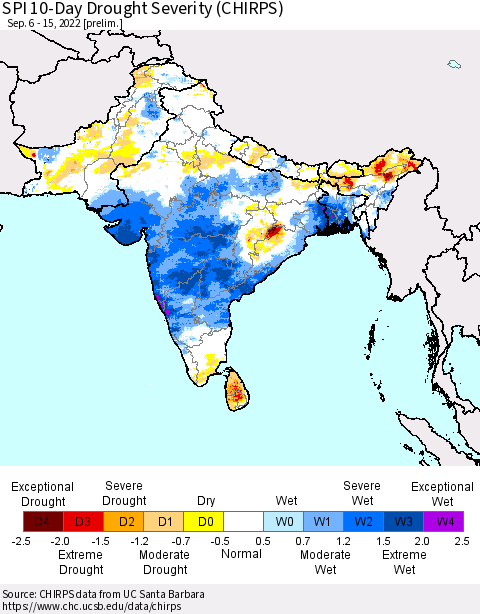 Southern Asia SPI 10-Day Drought Severity (CHIRPS) Thematic Map For 9/6/2022 - 9/15/2022