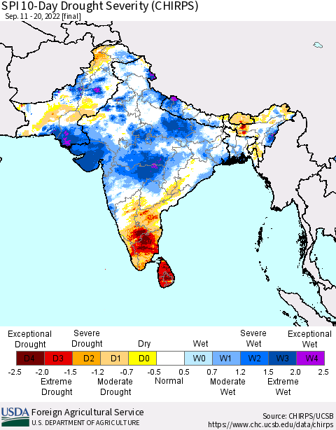 Southern Asia SPI 10-Day Drought Severity (CHIRPS) Thematic Map For 9/11/2022 - 9/20/2022