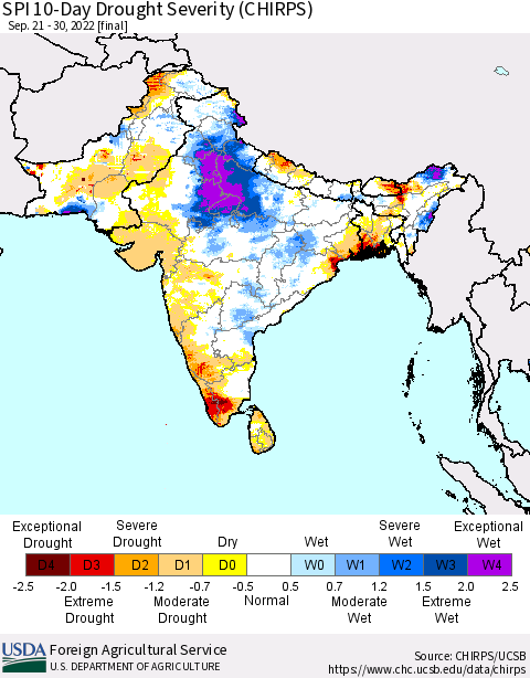 Southern Asia SPI 10-Day Drought Severity (CHIRPS) Thematic Map For 9/21/2022 - 9/30/2022