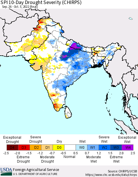 Southern Asia SPI 10-Day Drought Severity (CHIRPS) Thematic Map For 9/26/2022 - 10/5/2022