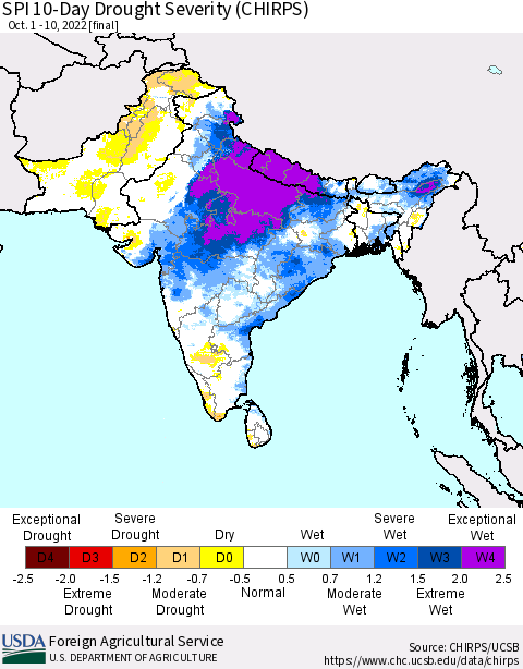 Southern Asia SPI 10-Day Drought Severity (CHIRPS) Thematic Map For 10/1/2022 - 10/10/2022