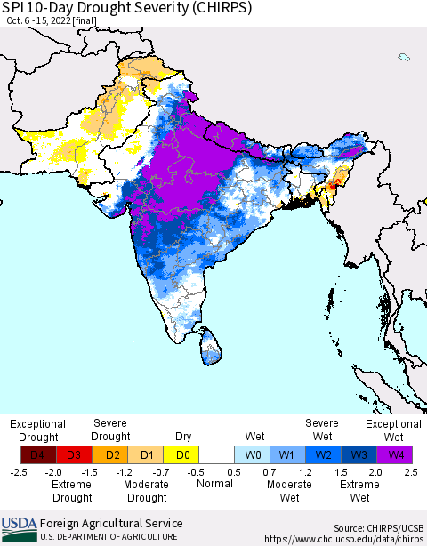 Southern Asia SPI 10-Day Drought Severity (CHIRPS) Thematic Map For 10/6/2022 - 10/15/2022