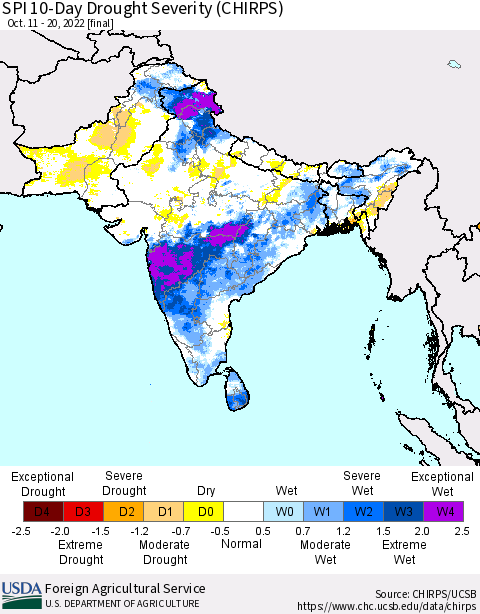 Southern Asia SPI 10-Day Drought Severity (CHIRPS) Thematic Map For 10/11/2022 - 10/20/2022