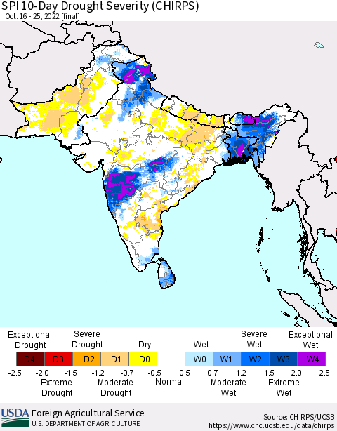 Southern Asia SPI 10-Day Drought Severity (CHIRPS) Thematic Map For 10/16/2022 - 10/25/2022