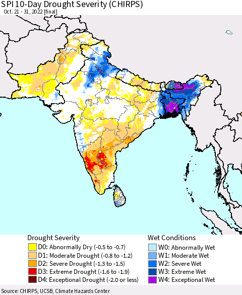 Southern Asia SPI 10-Day Drought Severity (CHIRPS) Thematic Map For 10/21/2022 - 10/31/2022