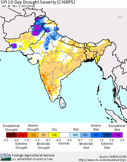 Southern Asia SPI 10-Day Drought Severity (CHIRPS) Thematic Map For 10/26/2022 - 11/5/2022