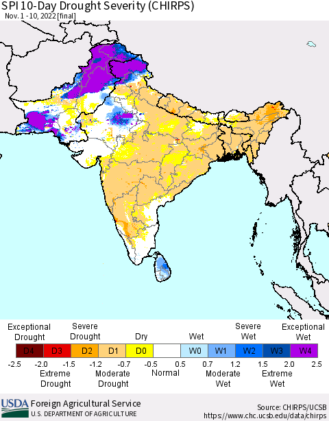 Southern Asia SPI 10-Day Drought Severity (CHIRPS) Thematic Map For 11/1/2022 - 11/10/2022