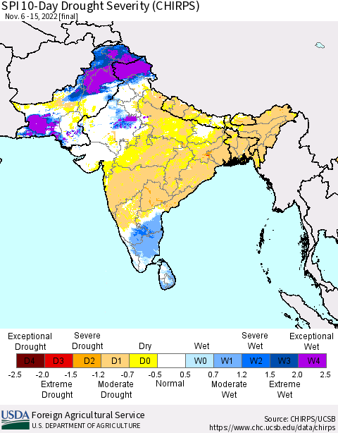 Southern Asia SPI 10-Day Drought Severity (CHIRPS) Thematic Map For 11/6/2022 - 11/15/2022
