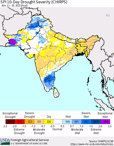 Southern Asia SPI 10-Day Drought Severity (CHIRPS) Thematic Map For 11/11/2022 - 11/20/2022