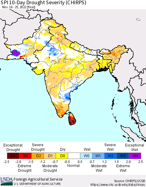 Southern Asia SPI 10-Day Drought Severity (CHIRPS) Thematic Map For 11/16/2022 - 11/25/2022