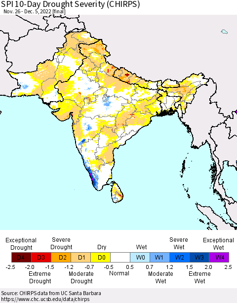 Southern Asia SPI 10-Day Drought Severity (CHIRPS) Thematic Map For 11/26/2022 - 12/5/2022