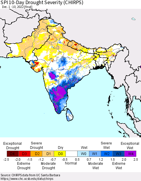 Southern Asia SPI 10-Day Drought Severity (CHIRPS) Thematic Map For 12/1/2022 - 12/10/2022