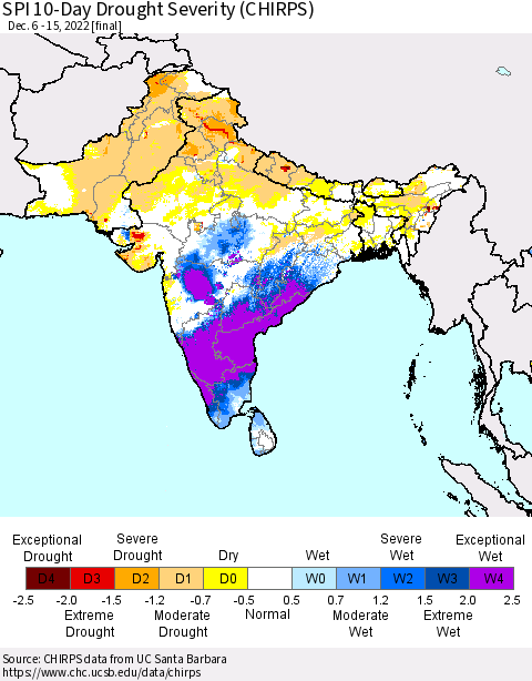 Southern Asia SPI 10-Day Drought Severity (CHIRPS) Thematic Map For 12/6/2022 - 12/15/2022