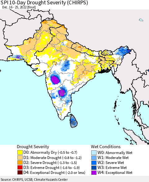 Southern Asia SPI 10-Day Drought Severity (CHIRPS) Thematic Map For 12/16/2022 - 12/25/2022