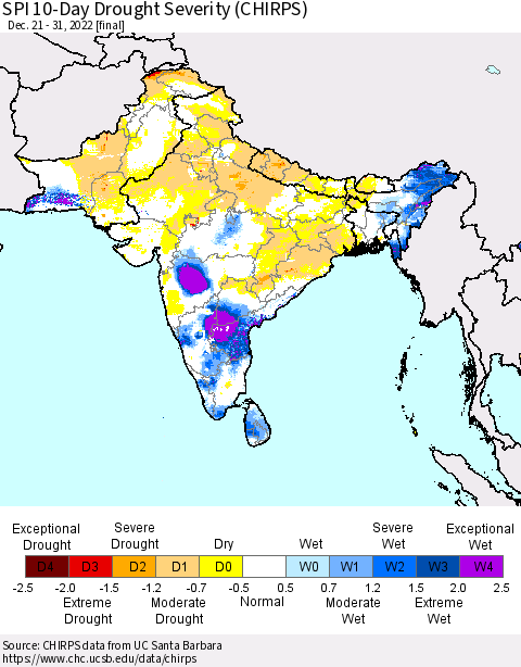 Southern Asia SPI 10-Day Drought Severity (CHIRPS) Thematic Map For 12/21/2022 - 12/31/2022