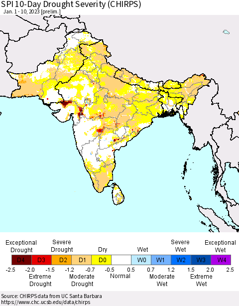 Southern Asia SPI 10-Day Drought Severity (CHIRPS) Thematic Map For 1/1/2023 - 1/10/2023