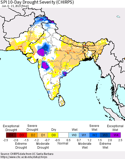 Southern Asia SPI 10-Day Drought Severity (CHIRPS) Thematic Map For 1/6/2023 - 1/15/2023
