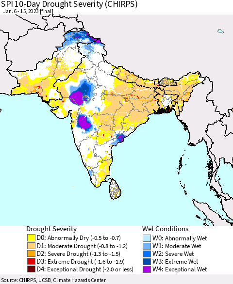 Southern Asia SPI 10-Day Drought Severity (CHIRPS) Thematic Map For 1/6/2023 - 1/15/2023