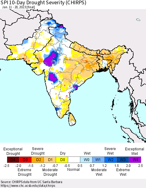 Southern Asia SPI 10-Day Drought Severity (CHIRPS) Thematic Map For 1/11/2023 - 1/20/2023