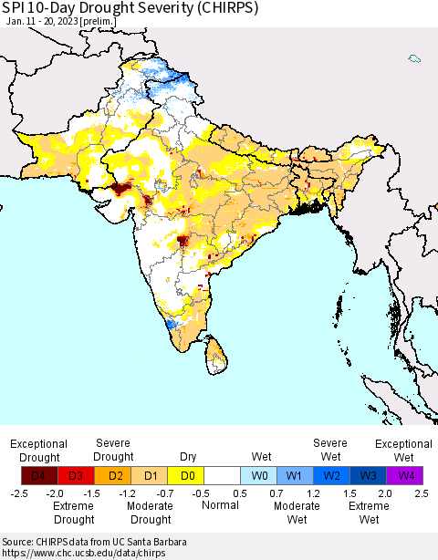 Southern Asia SPI 10-Day Drought Severity (CHIRPS) Thematic Map For 1/11/2023 - 1/20/2023