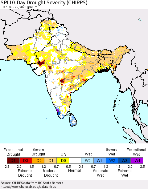 Southern Asia SPI 10-Day Drought Severity (CHIRPS) Thematic Map For 1/16/2023 - 1/25/2023