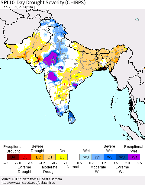 Southern Asia SPI 10-Day Drought Severity (CHIRPS) Thematic Map For 1/21/2023 - 1/31/2023