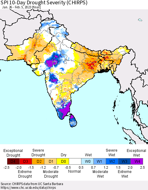 Southern Asia SPI 10-Day Drought Severity (CHIRPS) Thematic Map For 1/26/2023 - 2/5/2023