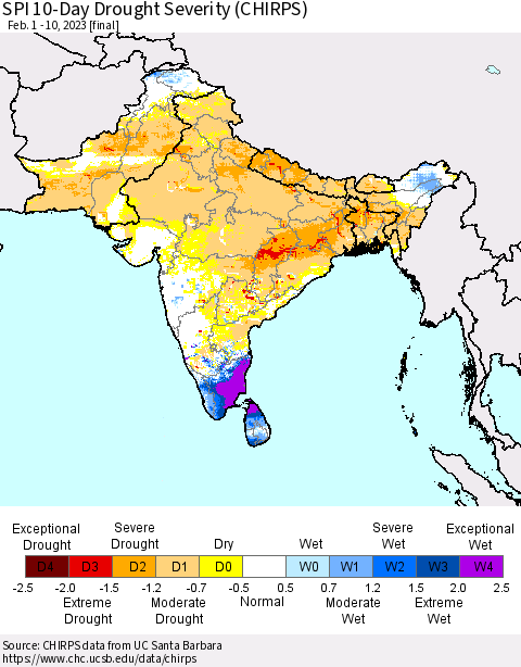 Southern Asia SPI 10-Day Drought Severity (CHIRPS) Thematic Map For 2/1/2023 - 2/10/2023