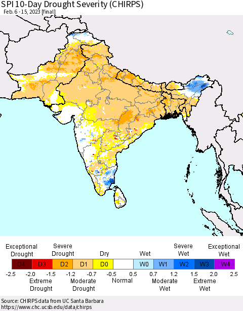 Southern Asia SPI 10-Day Drought Severity (CHIRPS) Thematic Map For 2/6/2023 - 2/15/2023