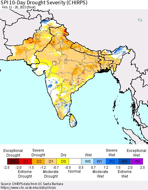 Southern Asia SPI 10-Day Drought Severity (CHIRPS) Thematic Map For 2/11/2023 - 2/20/2023