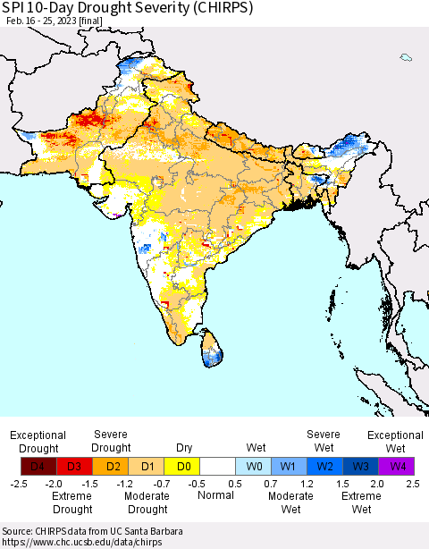 Southern Asia SPI 10-Day Drought Severity (CHIRPS) Thematic Map For 2/16/2023 - 2/25/2023